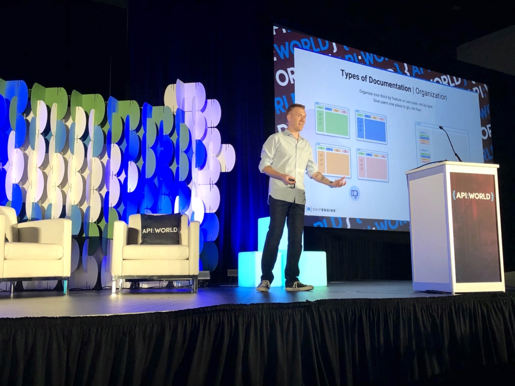 ShipEngine Developer Experience Director, James Messinger, addressing API World attendees on the various types of documentation necessary for an API.
