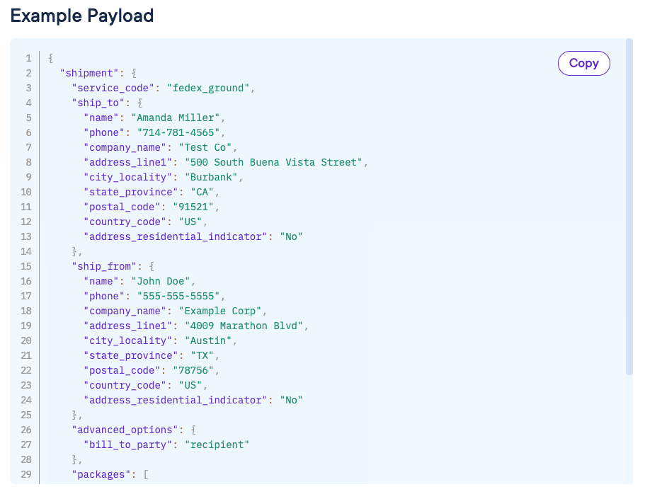 Code sample from ShipEngine documentation on how to create an API call for a FedEx Ground Collect shipment