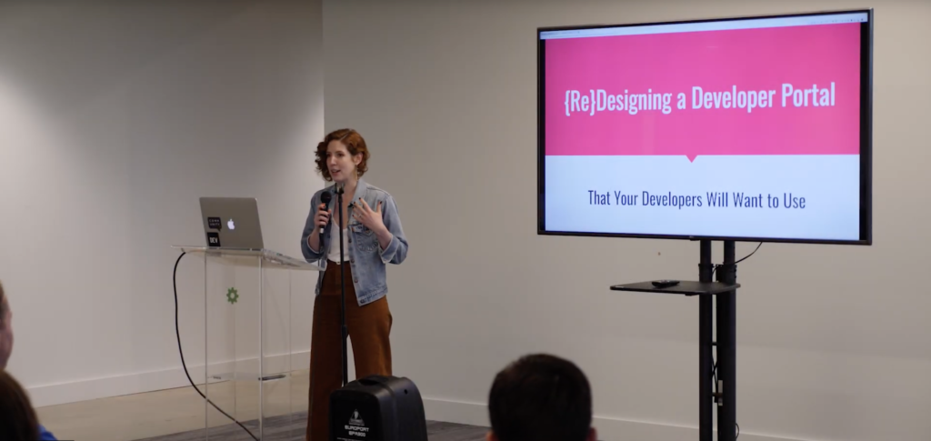 Karen White Developer Advocate of BigCommerce giving a presentation on how to re-design a developer portal