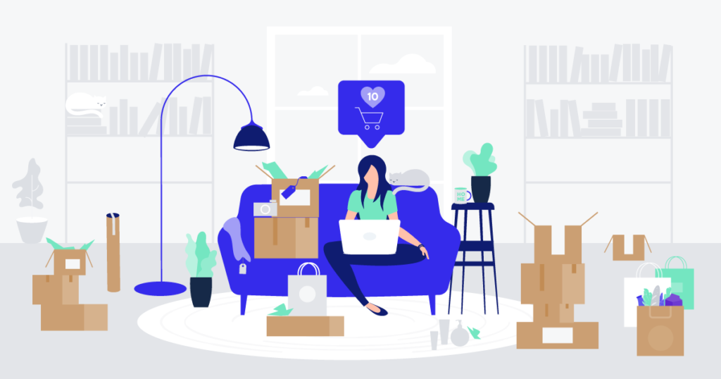 Woman surrounded in open boxes, sitting on couch making online orders