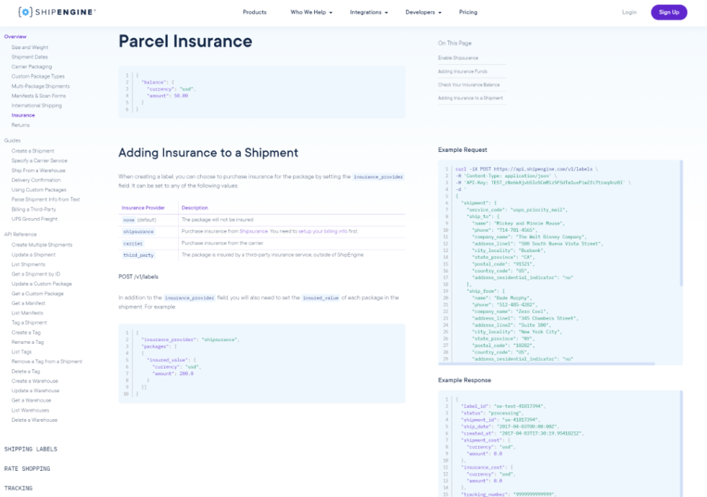Screenshot demonstrating the expandable menus and floating code of ShipEngine's new documentation design